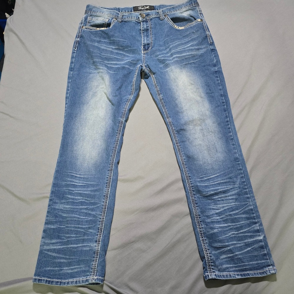 True Luck Jeans Men 38x32 Blue Medium Wash Thick Stitch Embroidered Straight Leg